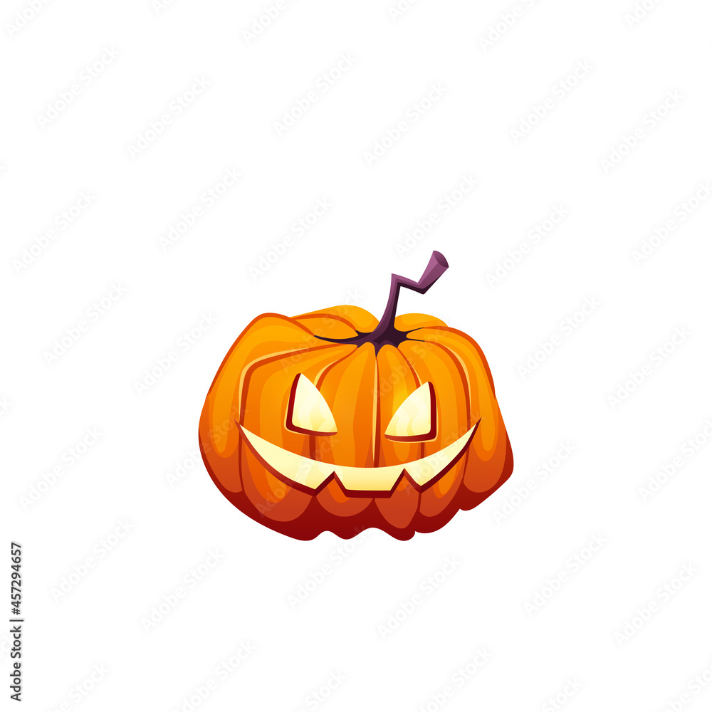 Halloween pumpkin with happy scary face on white isolated background for your design. Vector cartoon Illustration in game style for banner or app. Halloween pumpkin with happy scary face on white isolated background for your design. Vector cartoon Illustration in game style for banner or app.
