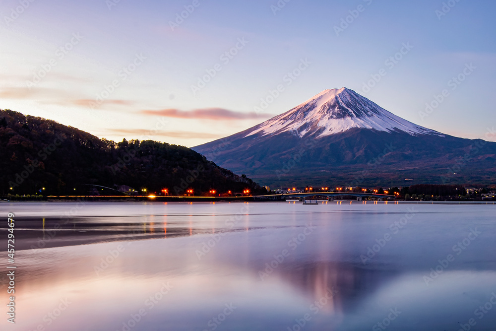 Fuji mountain and Kawaguchiko Ohashi Bridge at Sunrise, Kawaguchiko Lake, Japan