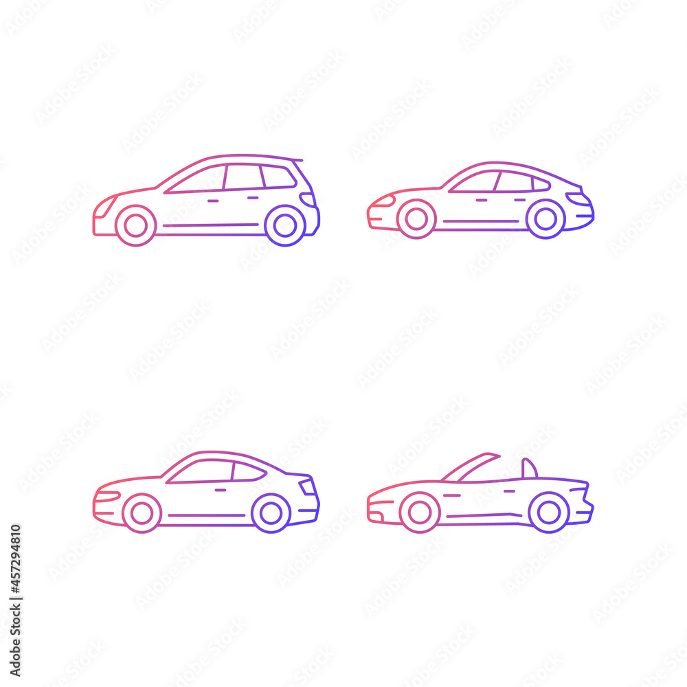 Practical sports cars gradient linear vector icons set. Hatchback model. Sports sedan. Coupe automobile. Cabriolet. Thin line contour symbols bundle. Isolated outline illustrations collection
