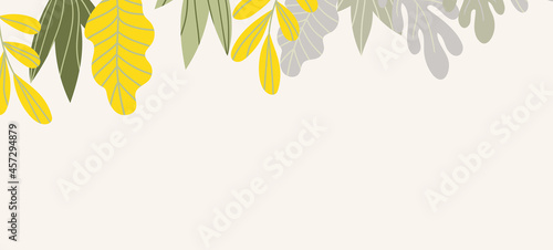 Floral web banner with drawn color exotic leaves. Nature concept design. Modern floral compositions with summer branches. Vector illustration on the theme of ecology, natura, environment