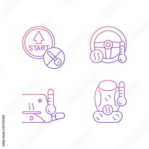 Modern automotive features gradient linear vector icons set. Push button start. Providing comfort to driver. Defrosting. Thin line contour symbols bundle. Isolated outline illustrations collection