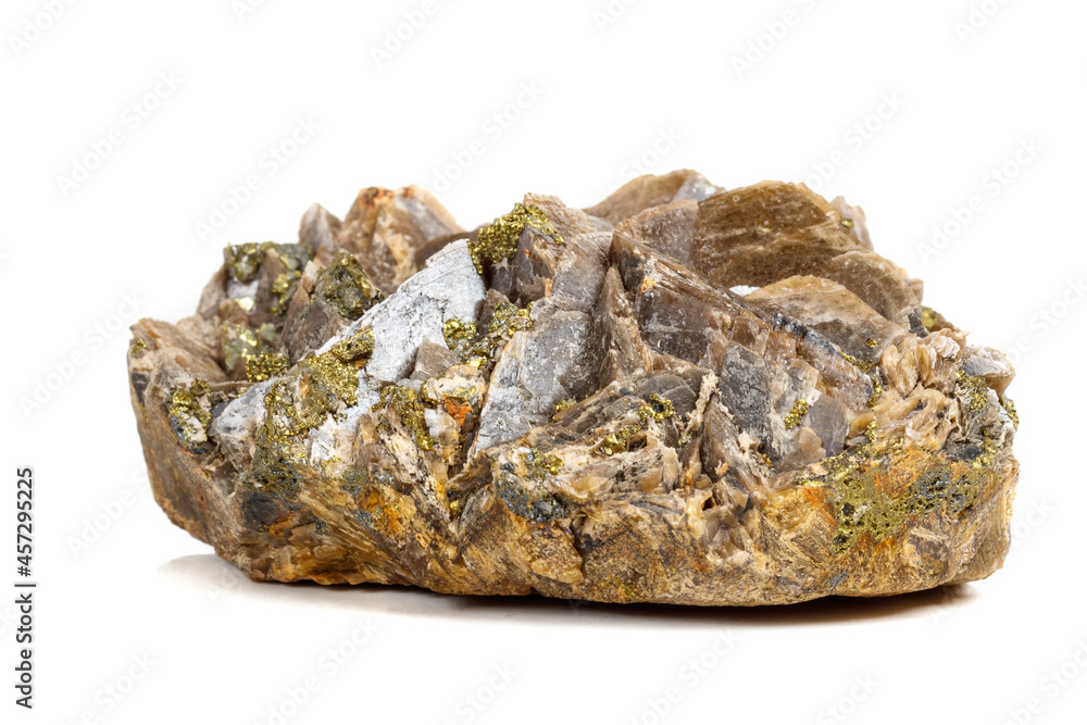 Macro mineral stone Barit Pyrit on a white background Macro mineral stone Barit Pyrit on a white background