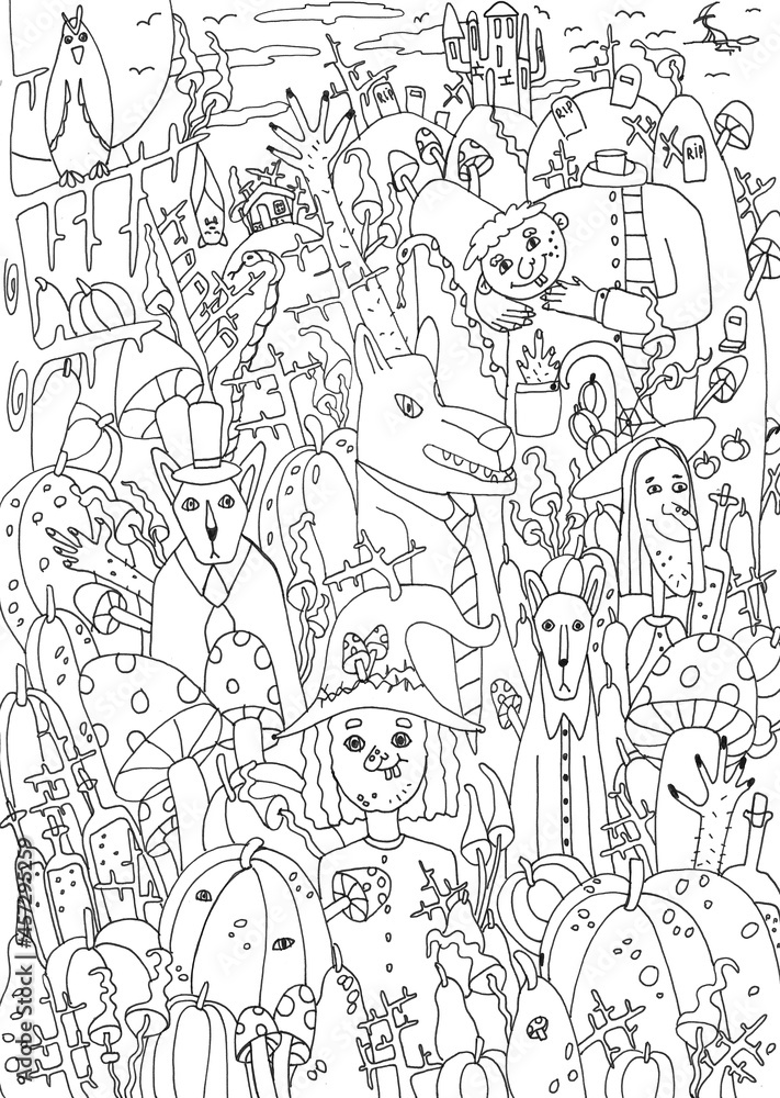 Crazy Halloween doodle relax coloring pages for kids and adults. Outline black lines depict witches, mushrooms, a man without a head, a dog head, trees, snakes, the moon.