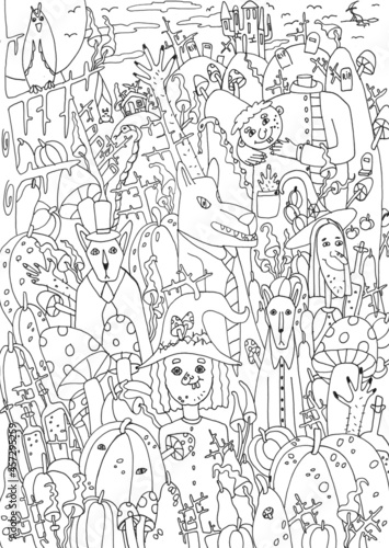 Crazy Halloween doodle relax coloring pages for kids and adults. Outline black lines depict witches  mushrooms  a man without a head  a dog head  trees  snakes  the moon.