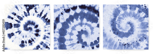 Blue Tie Dye Spiral. Vector Shirt Pattern. Circular Grunge Textile. Tie Dye Spiral in the Style of the 70s. Ikat Flower