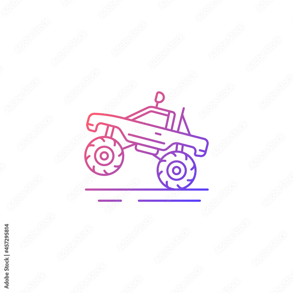 Monster truck racing gradient linear vector icon. Pickup with oversized tires. Competitive, entertainment event. Thin line color symbol. Modern style pictogram. Vector isolated outline drawing Monster truck racing gradient linear vector icon. Pickup with oversized tires. Competitive, entertainment event. Thin line color symbol. Modern style pictogram. Vector isolated outline drawing