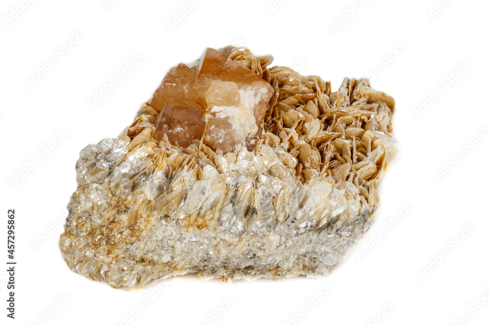 Macro mineral stone Scheelite on a white background Macro mineral stone Scheelite on a white background