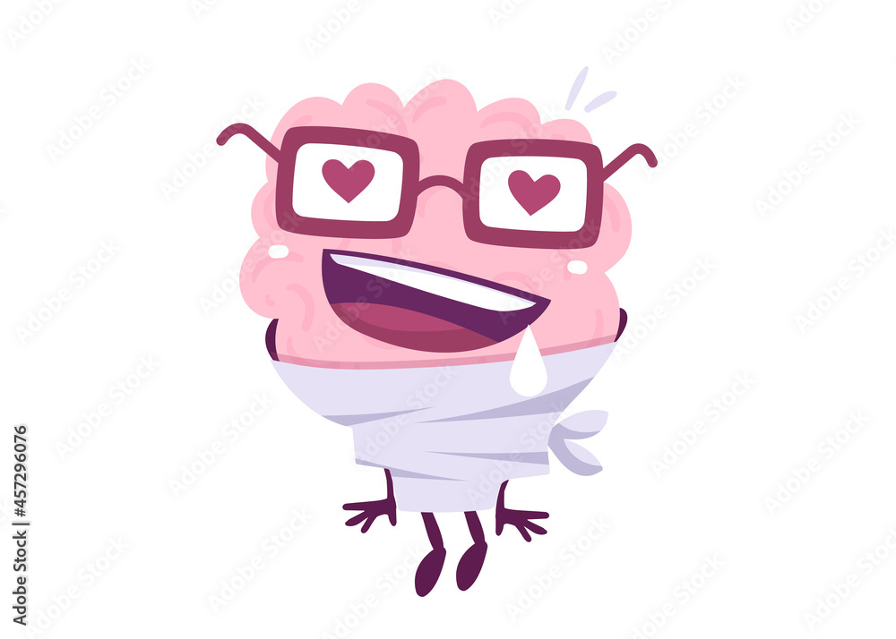 Vector Creative Illustration of Crazy Pink Human Brain Character in Glasses with Heart on White Background. Flat Style Education Concept Design of Brain in Love in Straitjacket Vector Creative Illustration of Crazy Pink Human Brain Character in Glasses with Heart on White Background. Flat Style Education Concept Design of Brain in Love in Straitjacket