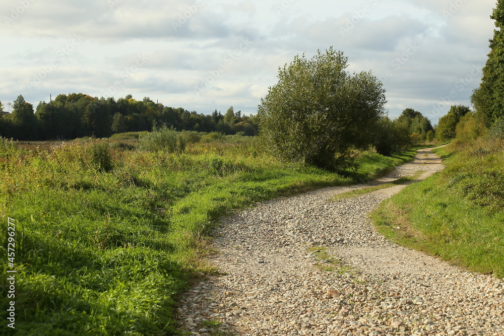 Beautiful natural landscape along the river with a gravel path. High quality photo