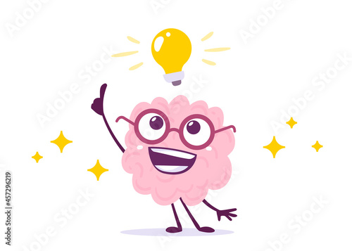 Vector Creative Illustration of Pink Human Brain Character in Glasses with Light Bulb on White Background. Flat Doodle Style Knowledge Concept Design of Happy Brain and Idea