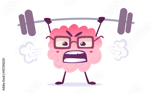 Vector Creative Illustration of Strong Pink Human Brain Character in Glasses Lifting Weight on White Background. Flat Style Knowledge Concept Design of Emotional Brain
