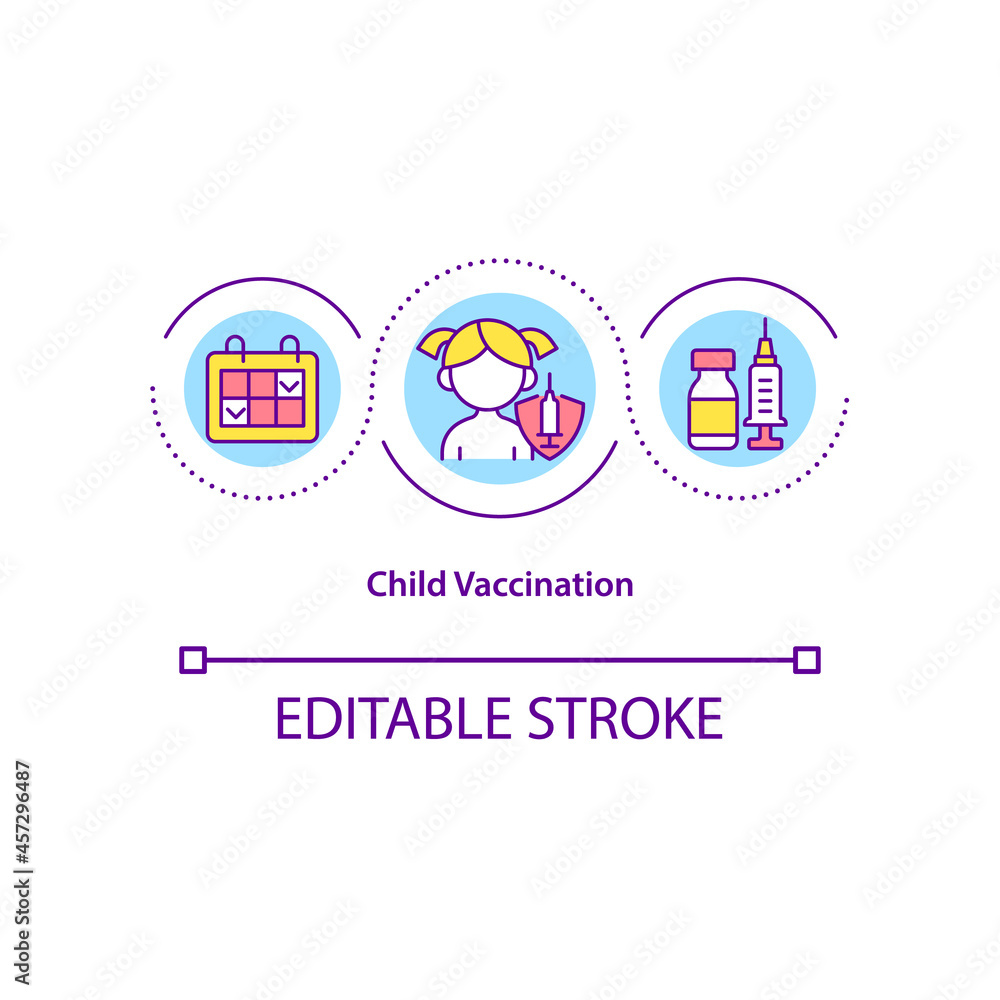 Child vaccination concept icon. Kid immunization schedule abstract idea thin line illustration. Medical injection to prevent lethal disease. Vector isolated outline color drawing. Editable stroke Child vaccination concept icon. Kid immunization schedule abstract idea thin line illustration. Medical injection to prevent lethal disease. Vector isolated outline color drawing. Editable stroke