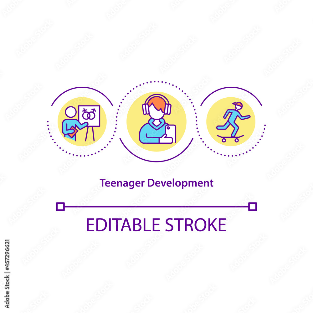 Teenager development concept icon. Puberty abstract idea thin line illustration. Body and mental changes. Child growth. Sexual maturity. Vector isolated outline color drawing. Editable stroke