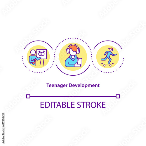 Teenager development concept icon. Puberty abstract idea thin line illustration. Body and mental changes. Child growth. Sexual maturity. Vector isolated outline color drawing. Editable stroke