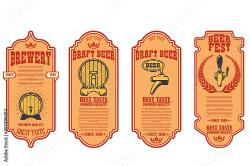 Set of beer labels with illustrations of beer barrel. Vector illustration