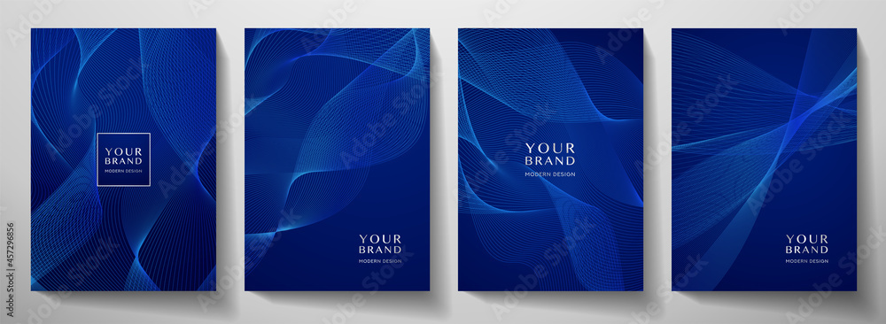 Contemporary technology cover design set. Luxury background with blue line pattern (guilloche curves). Premium vector tech backdrop for business layout, digital certificate, formal brochure template - obrazy, fototapety, plakaty 
