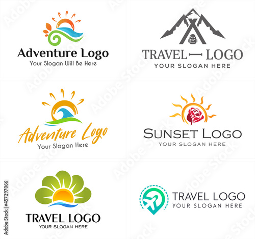 Travel adventure sea mountain plane logo design