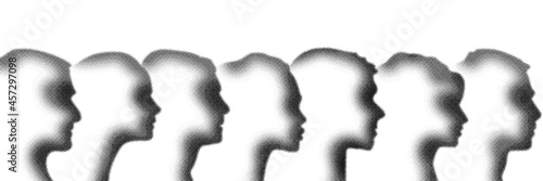 Group of human faces, halftone dots background, fading dot effect, vector banner