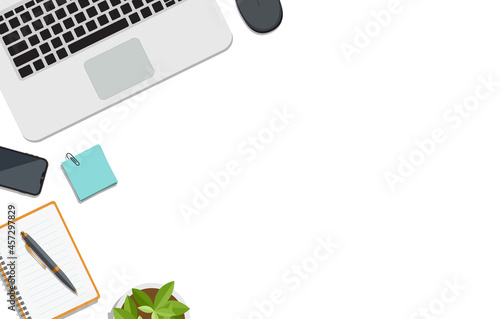 bright minimalist workspace / work desk with blank open notebook, stationery and a  flower on white background - top view, copyspace. Mock up, empty space