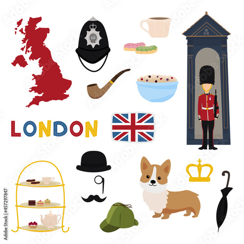 Set of objects and symbols related to London and England