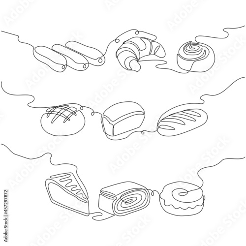 Baked goods one line set art. Continuous line drawing of eclair, pie, cinnabon, donut, pretzel, bun.