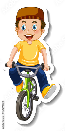 Sticker template with a muslim boy ride a bicycle isolated