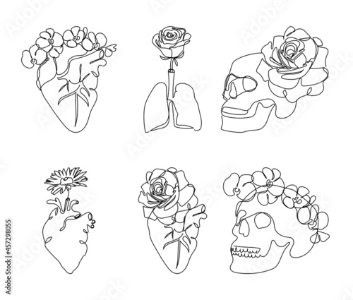Human internal organs with flowers one line set art. Continuous line drawing of heart lungs, skull and bloom.