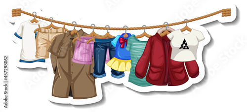 A sticker template of Clothes racks with many clothes on hangers on white bac...