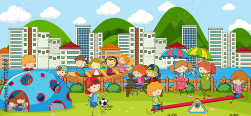 Outdoor scene with many kids playing in the park