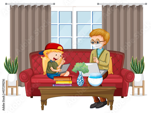 Boy sitting on couch learning from tablet