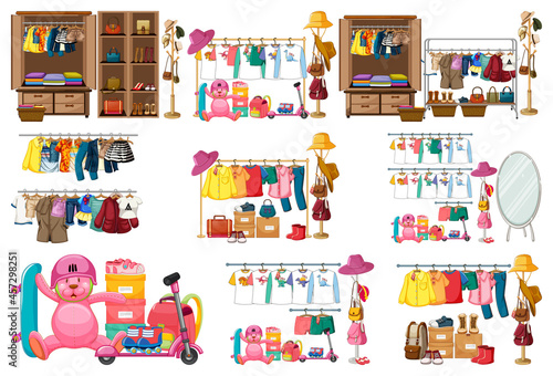 Set of clothes, accessories and wardrobe isolated on white background