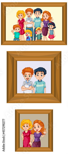 Set of happy family photo on the wooden frame