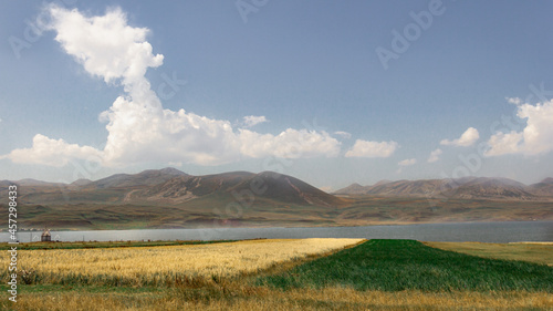 Landscape with lake and mountains. Panoramic view of beautiful mountain landscape. Yellow and Green scene.