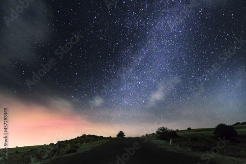 Starry night sky. Night Landscape. Astro.