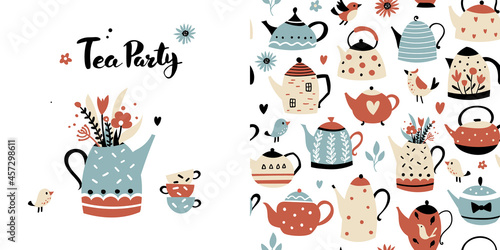 Tea party seamless pattern and print with teapots, cups, flowers, and birds
