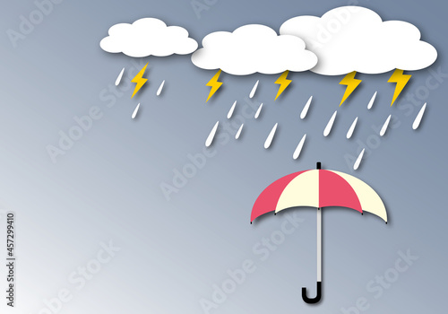 Umbrella with rain, Cloud and thunderbolt on dark background, Concept of Rainy season or monsoon, Space for the text, Paper art design style.