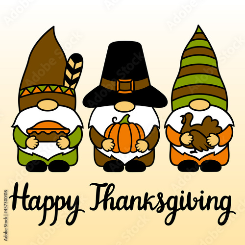 Gnomes with a pie, pumpkin, turkey. Happy Thanksgiving Day phrase. Vector illustration. Card. Funny carton characters. Autumn symbols. For T-shirts, paper cut, postcards.