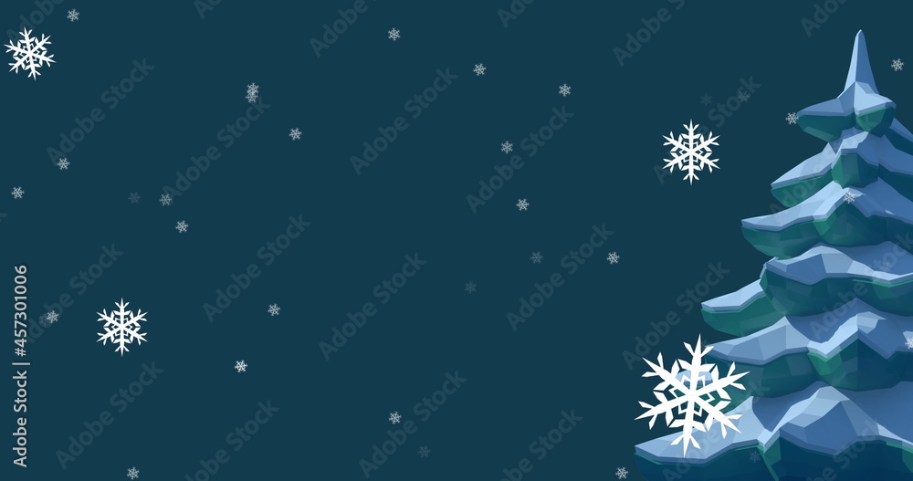 Image of winter scenery with snowflakes falling and fir tree on blue background Image of winter scenery with snowflakes falling and fir tree on blue background