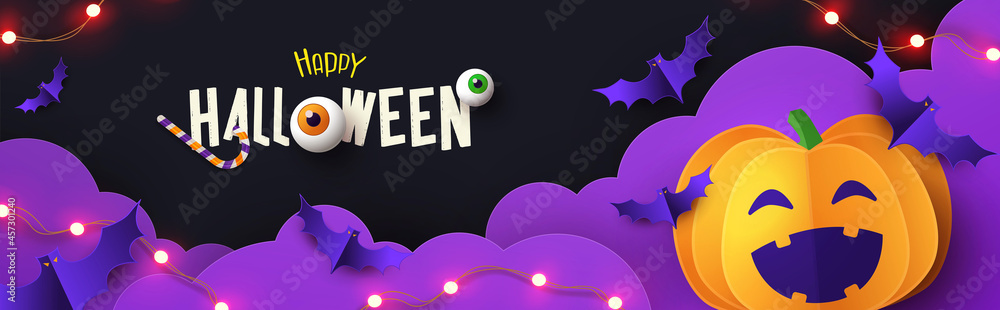 Naklejka premium Halloween Promotion banner with cutest pumpkin and bats in night clouds on violet black background. Paper cut style. Halloween website Sale banner or header, horizontal poster template
