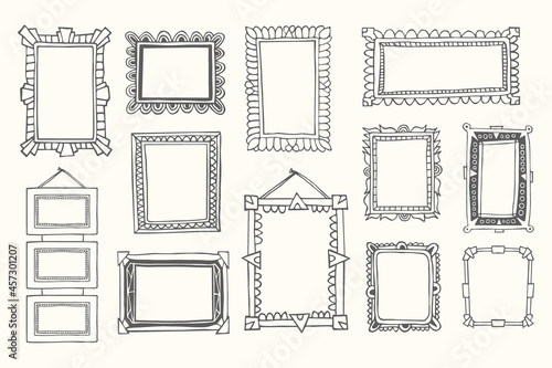 Vintage photo frame in doodle style. Vector hand drawn set with picture frames