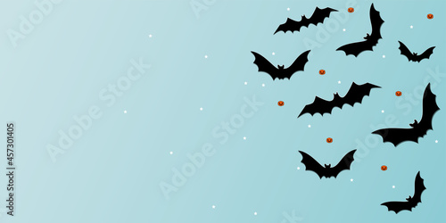 Vector. Halloween background with bats, pumpkins, stars, holiday decorations. Bats with shadows. Halloween party invitation card mockup. Happy Halloween banner design. Flat lay, top view, copy space.
