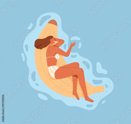Happy woman floating, lying on inflatable rubber banana mattress in pool. Suntanned person swimming in water on summer holidays. Female at summertime leisure. Colored flat vector illustration