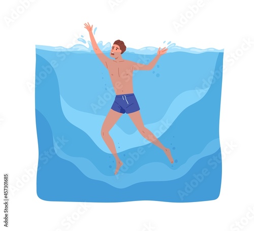 Man sinking in sea. Young guy in danger during swimming, calling for help with hands. Persons body drowning under water. Underwater accident. Flat vector illustration isolated on white background