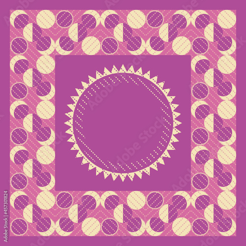 Vector ornament, pattern of lunar cycles: eclipse, full moon, waning moon, new moon with dotted diagonals. Pink, lilac, violet, yellow. For textiles, wrapping paper, tissue.