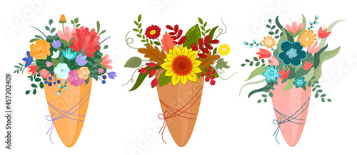 Vector illustration bouquet set of spring, summer, autumn flowers in kraft paper packege on white isolated background photo