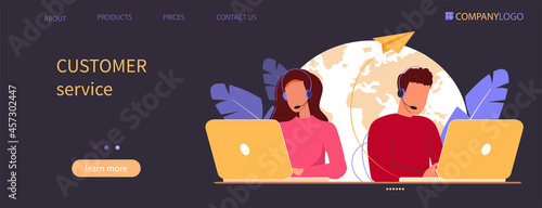 Customer service landing page. Hotline operators man and woman with headphones and microphone with laptop. Online global technical support 24 7, assistance, call center, hotline. Vector illustration.