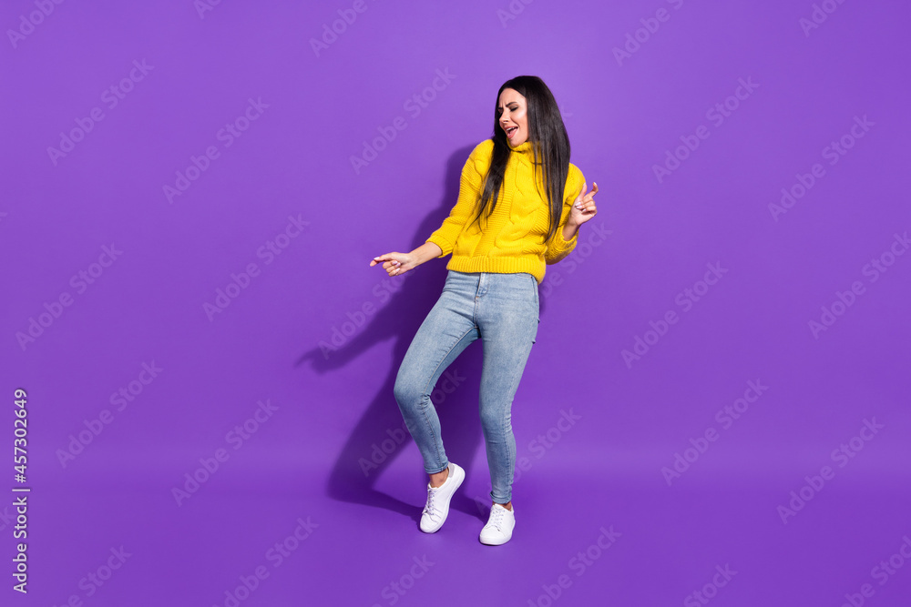 Full length portrait of crazy positive person dancing have good mood open mouth isolated on purple color background