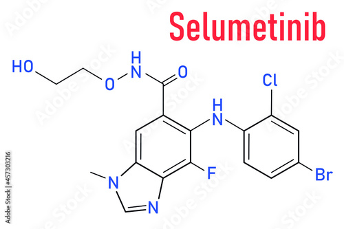 Selumetinib cancer drug molecule (MEK1 and MEK2 inhibitor). Skeletal formula.