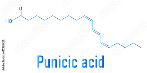 Punicic acid (trichosanic acid) molecule. Fatty acid present in pomegranate (Punica granatum). Skeletal formula.