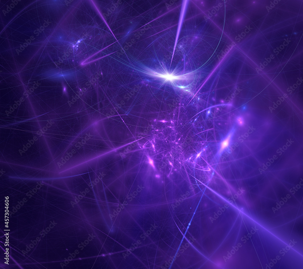 Abstract purple and blue fractal art background of lines and glows, possibly suggestive of technology such as computer networks, cyberspace, internet connections.